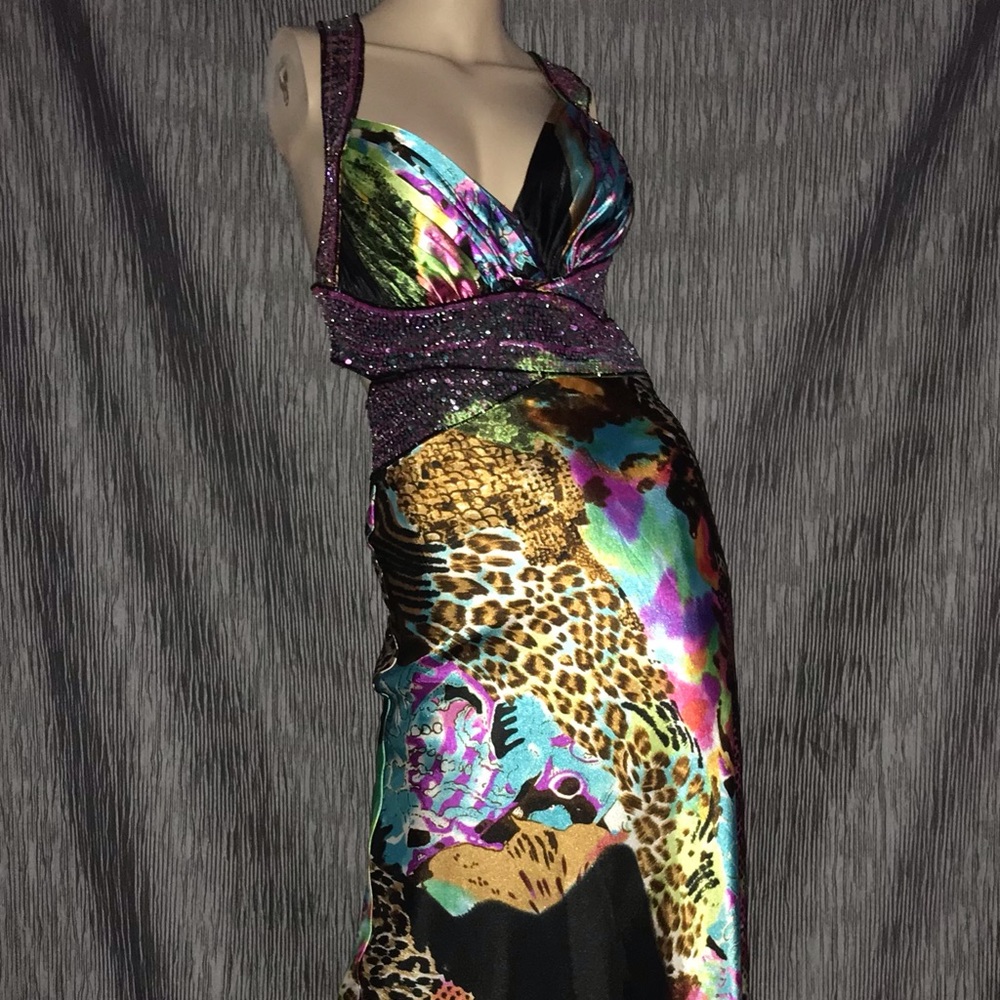 Niki Livas Satin Sequin Beaded Animal Print Dress